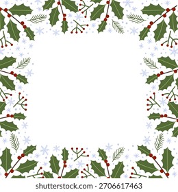 Diseño festivo de la frontera del acebo con las bayas rojas y los copos de nieve para las celebraciones del invierno y las tarjetas de las vacaciones