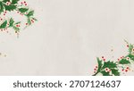 Festive holly leaves and berries frame a light background. Holly leaves and berries create a cheerful, festive atmosphere. Perfect for holiday designs with holly accents. Christmas frame vector.