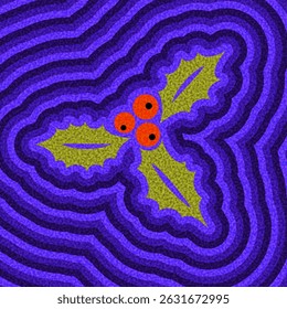 Festive holly leaves and red berries over a vibrant purple ripple pattern. Vector illustration.