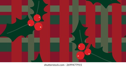 Patrón festivo de acebo y Navidades a cuadros