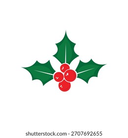 Festive holly sprig with three red berries vector illustration, perfect for Christmas cards, holiday decorations, winter designs, seasonal posters, and traditional festive artwork.