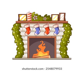 Festive home fireplace decorated with Christmas ornaments, gift stockings and fir tree branches