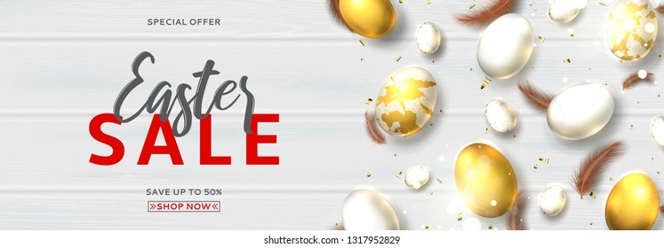 Festive horizontal background for Easter sale. Beautiful banner with realistic white and golden Easter eggs, sparkling golden confetti and feathers. Holiday vector illustration.