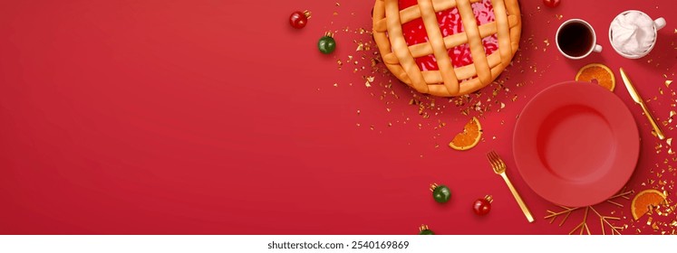 Festive horizontal background for Thanksgiving and Christmas with realistic 3d decorative elements, red plate and cutlery, Hot cup with marshmallows, American apple pie. Vector illustration