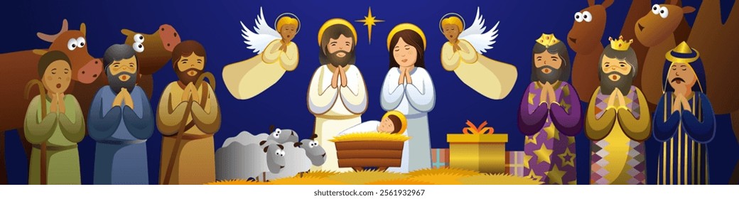 Festive horizontal banner with cartoon style Nativity scene. Mother Mary, Joseph, baby Jesus, 3 shepherds and three kings, singing angels worshiping God. Bethlehem star. Christmas religious decoration