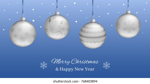 Festive horizontal banner or Christmas New Year card. Realistic silver balls on a blue background. You can write your own text. Vector illustration.