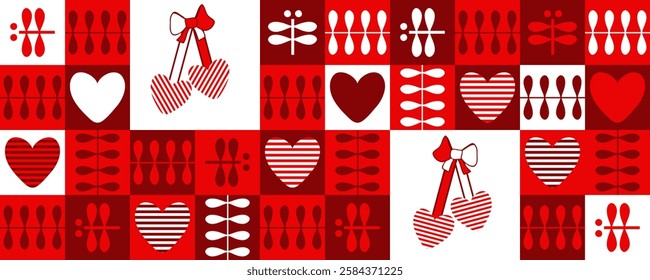 Festive horizontal banner with for Martisor holiday celebration. Spring checkered print for cup, mug, postcard, sticker. Vector illustration.