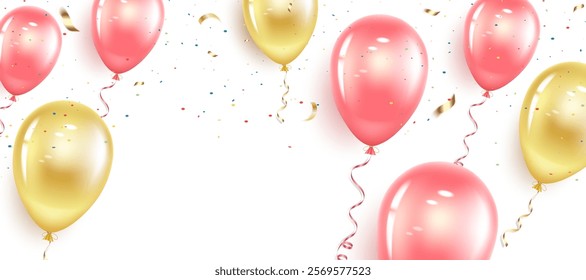 Festive horizontal banner with pink and gold balloons, confetti and streamers. Happy Birthday, Women's Day, Valentine's Day, Wedding.