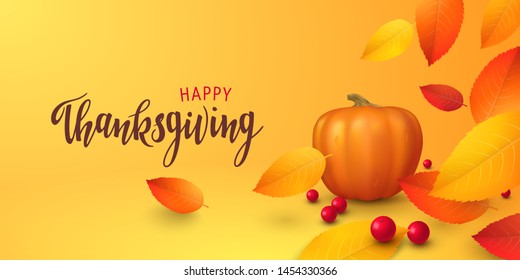 Festive horizontal banner with realistic colored fall leaves, cranberry berries, 3D pumpkin, text Happy Thanksgiving. Vector seasonal template with falling foliage and lettering on autumn background.