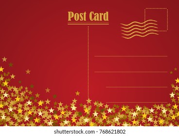 Festive horizontal Christmas background with copy space. Postcard in golden stars on red