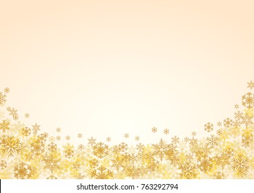 Festive horizontal Christmas background and winter with copy space. snow and ice crystals on gold