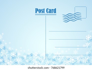 Festive horizontal Christmas background and winter with copy space. postcard in snow and ice crystals on blue sky