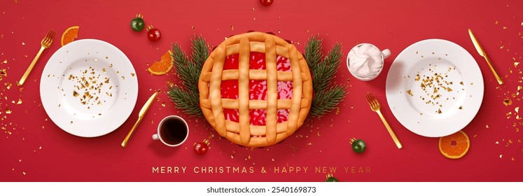 Festive horizontal red background for Thanksgiving and Christmas with realistic 3d decorative elements, white plate and cutlery, Hot cup with marshmallows, American pie in center. Vector illustration