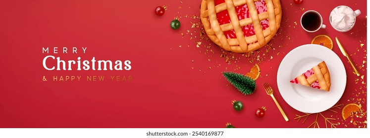 Festive horizontal red background for Thanksgiving and Christmas with realistic 3d decorative elements, white plate and cutlery, Hot cup with marshmallows, American apple pie. Vector illustration