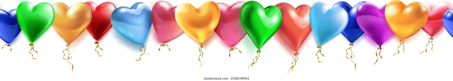 Banner horizontal sem emenda festivo para o Dia dos Namorados com balões de hélio coloridos em forma de coração, sobre um fundo branco.