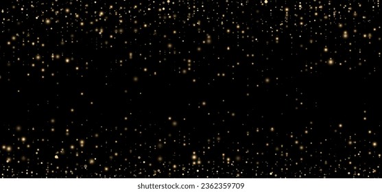 Festive horizontal vector background with gold glitter and confetti for Christmas celebration. Black background with glowing golden particles.