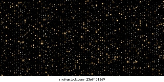 Festive horizontal vector background with gold glitter and confetti for Christmas celebration. Black background with glowing golden particles.