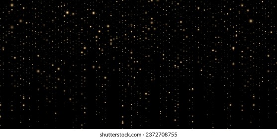 Fondo vectorial horizontal festivo con brillo dorado y confeti para la celebración navideña. Fondo negro con partículas doradas brillantes.