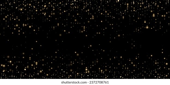 Festive horizontal vector background with gold glitter and confetti for Christmas celebration. Black background with glowing golden particles.