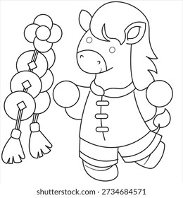 Un carácter festivo del caballo diseñado con líneas simples para colorear fácilmente.