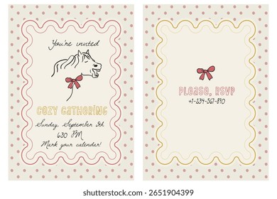 Festive horse with ribbon bow Cute whimsical outline vector greeting card template on dots background. Hand drawn Christmas and New Year illustrations