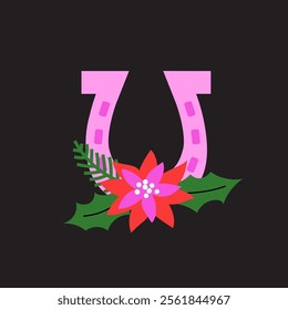 Festive Horseshoe with Poinsettia Decoration. Vector cartoon graphics