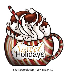 Festive Hot Chocolate Mug. Cozy hot chocolate mug with whipped cream and candy cane. A perfect design for holiday treats and winter vibes.