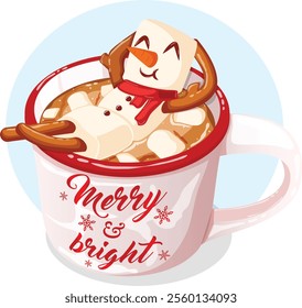 Festive Hot Cocoa Mug with Marshmallow Snowman Relaxing on Top. Merry and Bright Holiday Mug Graphic Art