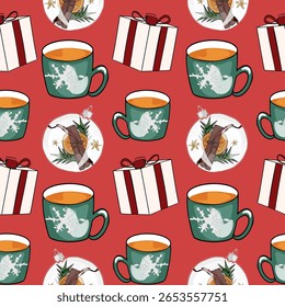 Festive Hot Drink and Holiday Gift Repeat Design. Seamless Christmas and Presents Pattern