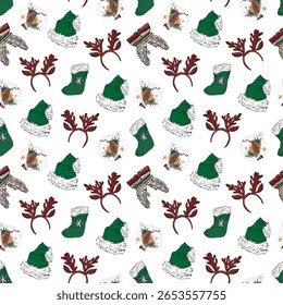 Festive Hot Drink and Holiday Gift Repeat Design. Seamless Christmas and Presents Pattern