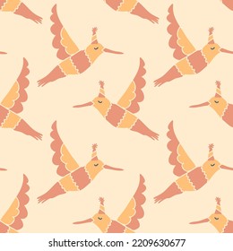 Festive hummingbirds in caps retro seamless pattern. Perfect print for tee, paper, fabric, textile. Hand drawn vector illustration for decor and design.
