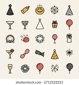 Una colección de iconos festivos con sombreros de fiesta, globos, copas de champán y confeti. Perfecto para gráficos de marketing de Nuevo año y tarjetas de felicitación.