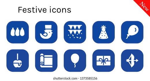 festive icon set. 10 filled festive icons.  Collection Of - Balloons, Saint Patrick, Garland, Party hat, Balloon, Caramelized apple, Carpet, Present, Bow
