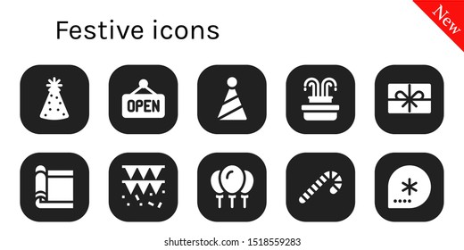 festive icon set. 10 filled festive icons.  Simple modern icons about  - Party hat, Open, Fountain, Present, Carpet, Garland, Balloons, Candy cane, Winter