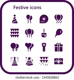 festive icon set. 16 filled festive icons.  Collection Of - Party hat, Balloon, Winter, Balloons, Garlands, Caramelized apple, Opener, Gift box, Garland, Present