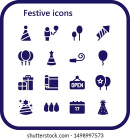 festive icon set. 16 filled festive icons.  Collection Of - Party hat, Balloon, Balloons, Firecracker, Party whistle, Presents, Carpet, Open, Saint Patrick