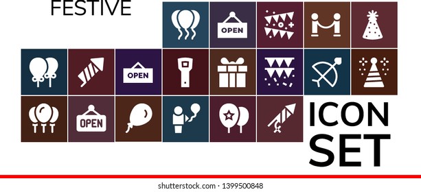 festive icon set. 19 filled festive icons.  Collection Of - Balloons, Open, Balloon, Firecracker, Opener, Present, Garland, Bow, Party hat, Velvet