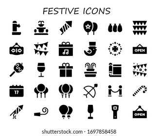 festive icon set. 30 filled festive icons.  Simple modern icons such as: Fountain, Firecracker, Balloons, Garlands, Open, Garland, Present, Saint Patrick, Caramelized apple, Wine glass