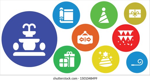 festive icon set. 9 filled festive icons.  Collection Of - Fountain, Carpet, Party hat, Presents, Open, Garland, Present, Party blower