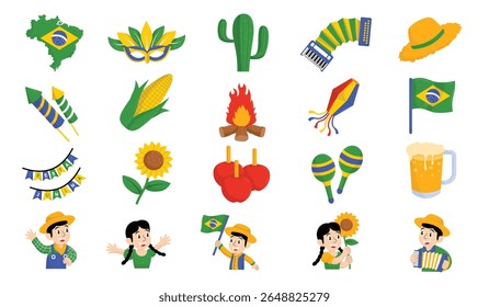 Ícone festivo da tradicional Festa Junina brasileira, com bandeiras, comida, dançarinos, fogos de artifício e instrumentos musicais em estilo flat cartoon