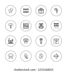 Festive icon set. collection of 16 outline festive icons with balloon, balloons, candy cane, bow, gift box, fountain, garland, opener, present icons.