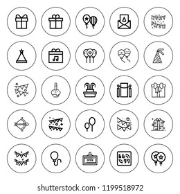 Festive icon set. collection of 25 outline festive icons with balloon, balloons, birthday card, bow, caramelized apple, gift box, fountain, garland icons. editable icons.