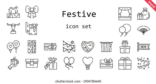 festive icon set. line icon style. festive related icons such as gift, new, balloon, garland, balloons, curtains, buffalo, ribbon, garlands, fan, hot air balloon, stage, present, card, gifts, 