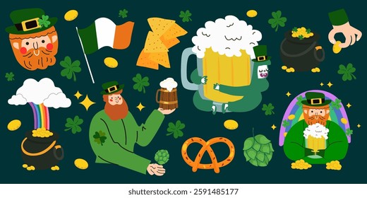 Festive icon set for St. Patrick's Day. Ireland lucky holiday. Cartoon vector elements for poster, banner, flyer, greeting card. Leprechaun character, mug of beer, pot of golden coins, pretzel