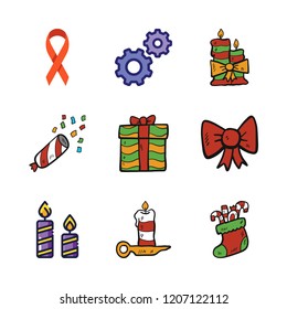 festive icon set. vector set about confetti, christmas sock, candle and ribbon icons set.
