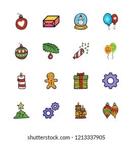 festive icon set. vector set about giftbox, balloons, bauble and gingerbread man icons set.