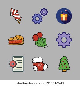 festive icon set. vector set about gift, mistletoe, pie and settings icons set.