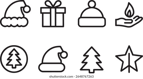 Festive Icons Collection Line Art Style Christmas Symbols Set Holiday Elements Minimalist Design Vector Illustrations Season Celebration