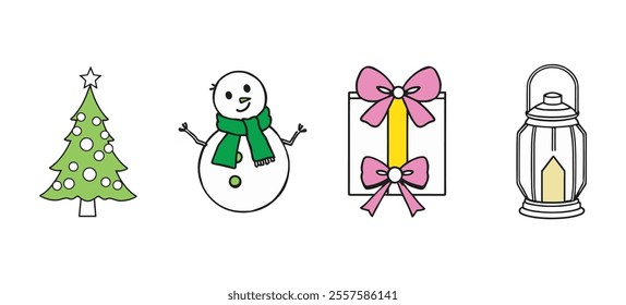 Festive icons featuring a Christmas tree, snowman, gift box, and lantern in a cheerful winter setting