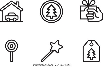 Festive Icons Representing Christmas and Holiday Themes Including a Car in a Garage and Gifts in Hand